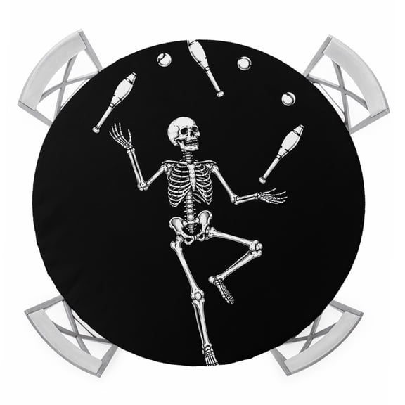 Halloween Skeleton Round Table Cover, Funny Juggling Skull Circus Theme Black Waterproof Fitted Tablecloths for 36"-44" Tables, Washable Picnic Table Cover for Camping Dining Indoor Outdoor
