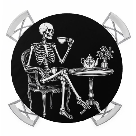 Halloween Skeleton Round Table Cover, Victorian Elegant Skull Tea Time Black Waterproof Fitted Tablecloths for 36"-44" Tables, Washable Picnic Table Cover for Camping Dining Indoor Outdoor