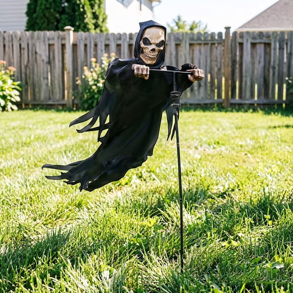 Halloween Skeleton Scarecrow Set, Ghost Robe Mask with Bird Decoy, Outdoor Lawn Ornament Props, Creepy Scarecrow with Crows, Haunted Farmhouse Decor