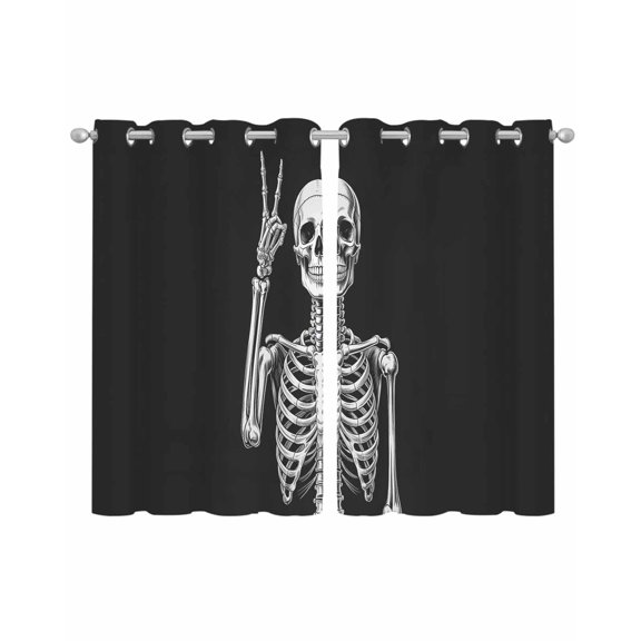 Halloween Skeleton Sheer Curtains 39 Inch Length 2 Panels Set for Living Room/Bedroom, Retro Funny Skull Abstract Black Kitchen Curtains Grommet Semi-Sheer Curtains Window Treatments 27.5"x39"x2
