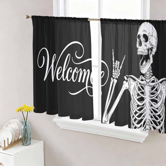 Halloween Skeleton Sheer Curtains 45 Inch Length 2 Panels Set, Fall Spooky Horror Skull Black Voile Window Treatment Rod Pocket Small Kitchen Curtains Drapes for Bedroom 52"x45"x2