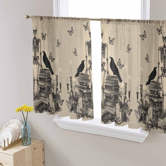 Halloween Skeleton Sheer Curtains 45 Inch Length 2 Panels Set, Semi Transparent Voile Rod Pocket Curtains for Living Dining Room Bedroom Drapes Butterfly Crow Retro Horror Skull