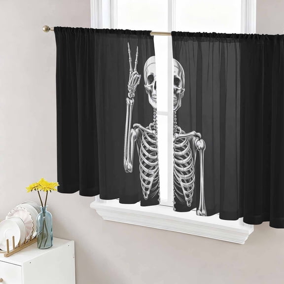 Halloween Skeleton Sheer Curtains 45 Inch Length 2 Panels Set Window Treatments, Retro Funny Skull Abstract Black Rod Pocket Semi Curtains for Living Room/Bedroom/Kitchen Décor, 104"W x 45"L
