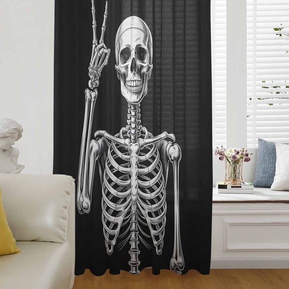 Halloween Skeleton Sheer Curtains 45 Inches Long for Living Room/Bedroom, Retro Funny Skull Abstract Black Rod Pocket Voile Kitchen Curtains & Drapes Window Treatment 1 Panel, 52"W x 45"L