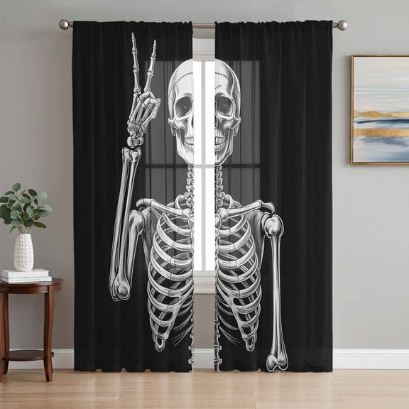 Halloween Skeleton Sheer Curtains 63 Inch Length 2 Panels Set, Retro Funny Skull Abstract Black Voile Window Treatment Rod Pocket Curtains Sheers Drapes for Bedroom/Living Room/Kitchen 52x"63"x2