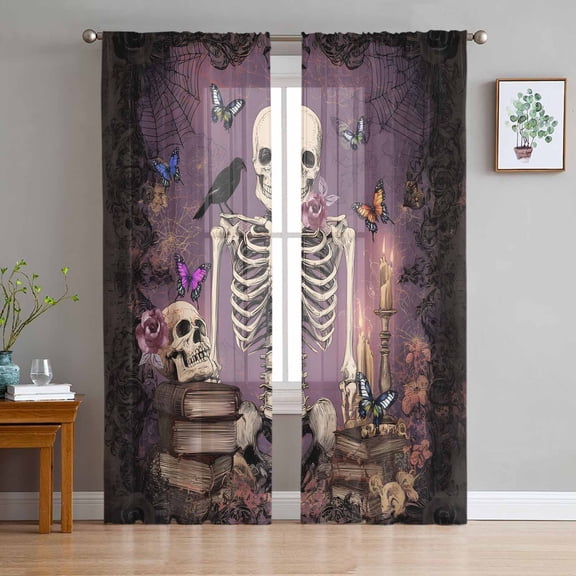 Halloween Skeleton Sheer Curtains 63 Inches Length 2 Panels Set, Window Sheer Curtains for Living Room/Bedroom, Retro Butterfly Horror Crow Spiderwebs Light Filtering Rod Pocket Curtain 52''x63''x2