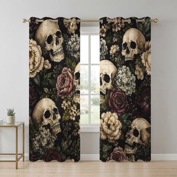 Halloween Skeleton Sheer Curtains 96 Inch Long 2 Panels, Vintage Romantic Horror Floral Skull Moody Light Filtering Semi Sheer Drapes Grommet Voile Window Curtain for Living Bedroom W52 x L96