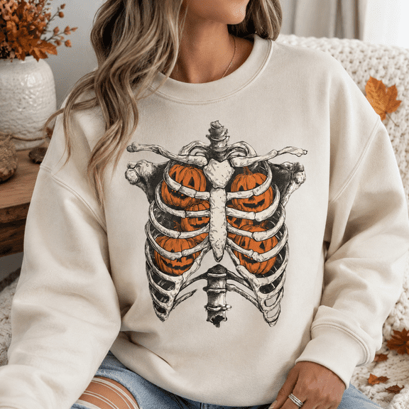 Halloween Skeleton Shirt, Pumpkin Rib Cage Sweatshirt, Vintage Anatomy Graphic Hoodie and T-Shirt, Spooky Fall Gift for Halloween Lovers