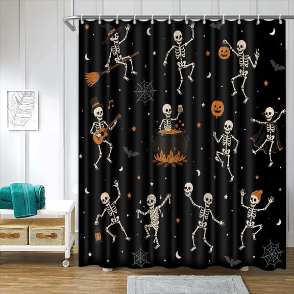 Halloween Skeleton Shower Curtain Spooky Dancing Skeletons Bath Curtain with Hooks Waterproof Fabric Bathroom Decor 71x71 inches