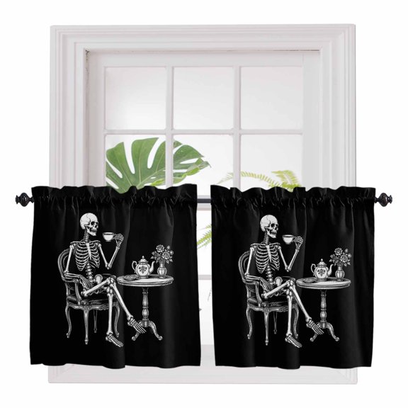 Halloween Skeleton Sitting 2 Panel Kitchen Curtains for Small Windows, Elegant Tea Time Black Bathroom Tier Curtain, Short Window Treatment for Bedroom/Living Room 55"x24"