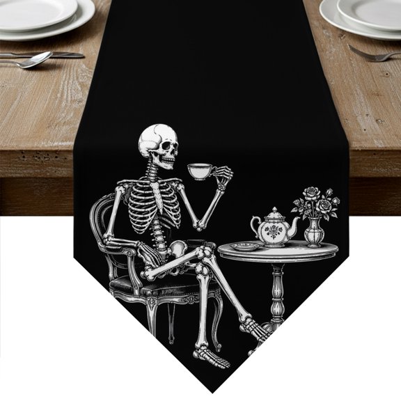 Halloween Skeleton Sitting Table Runner Linen Burlap Table Runner 36 Inches Small Elegant Tea Time Black Dresser Scarves for Kitchen Island Coffee Dining Room Party Wedding Holiday Decoration 13"x36"