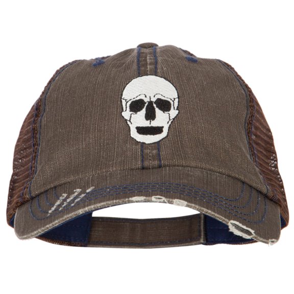 Halloween Skeleton Skull Embroidered Low Profile Cotton Mesh Cap - Brown OSFM