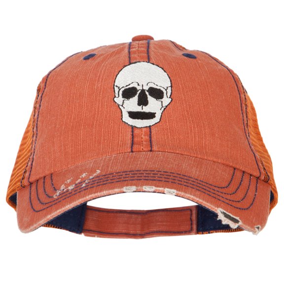 Halloween Skeleton Skull Embroidered Low Profile Cotton Mesh Cap - Orange OSFM