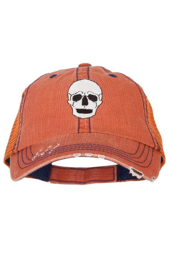 Halloween Skeleton Skull Embroidered Low Profile Cotton Mesh Cap - Orange OSFM
