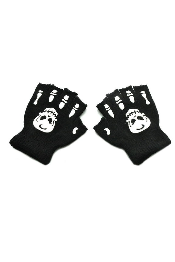 Halloween Skeleton Skull Half Finger Gloves Glowing in Dark Fingerless Stretch Knitted Mittens for Toddler Kids