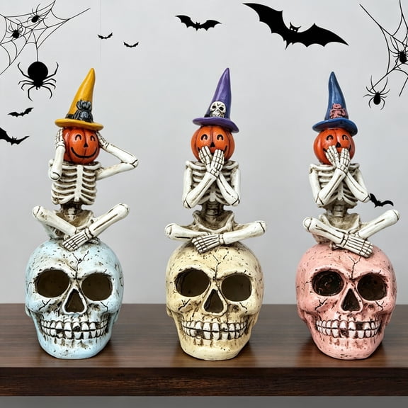 Halloween Skeleton Statue Set of 3, See Speak Hear No Evil Figurines, Witch Hat Pumpkin Design with Skull Base, Tabletop Home Decor