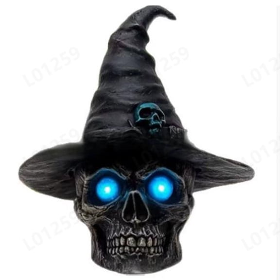 Halloween Skeleton Statue, Wearing A Witch Hat, Gothic Skull Sculpture, Blue Eyes, Resin Sculpture, Halloween Decoration, Party Decoration, Indoor And Outdoor Horror Decoration.