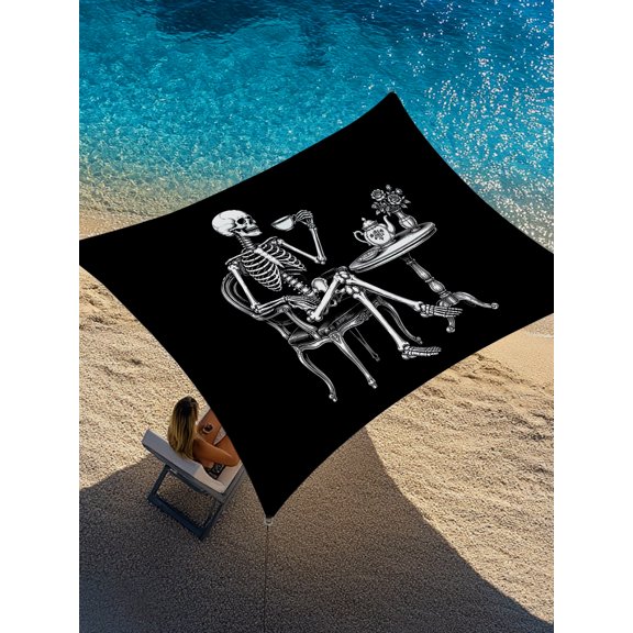Halloween Skeleton Sun Shade Sail 6.5' x 10', Victorian Elegant Skull Tea Time Black Rectangle Outdoor Sunshade Canopy, Waterproof UV Block Patio Covers for Garden Yard Beach