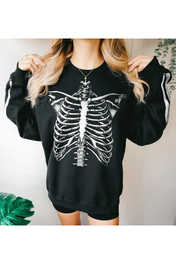 Halloween Skeleton Sweatshirt - Realistic Skeleton Rib Cage Sweater - Skeleton Bones Sweatshirt With Sleeve Print