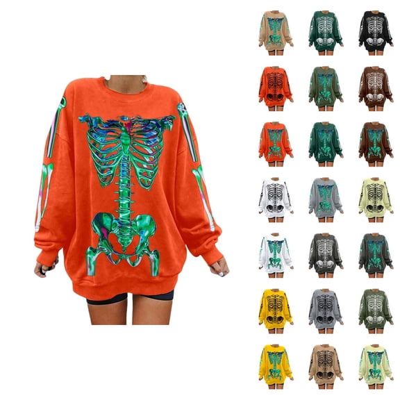 Halloween Skeleton Sweatshirts for Women 2025 Long Sleeve Crewneck Skeleton Graphic Sweatshirt Pullover Tops