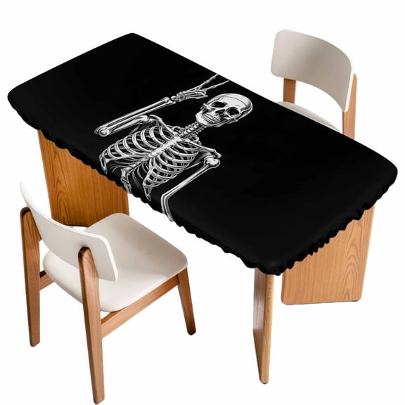 Halloween Skeleton Table Cloths for 4 Foot Rectangle Tables, Retro Funny Skull Abstract Black Patio Waterproof Elastic Fitted Tablecloths, Washable Rectangular Table Cover for Camping