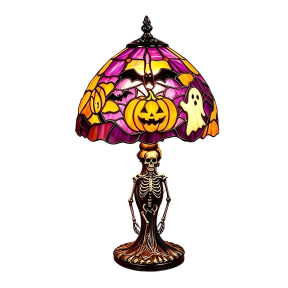 Halloween Skeleton Table Lamp with Stained Glass Shade Bat Pumpkin Ghost Night Light 7.9 Inch