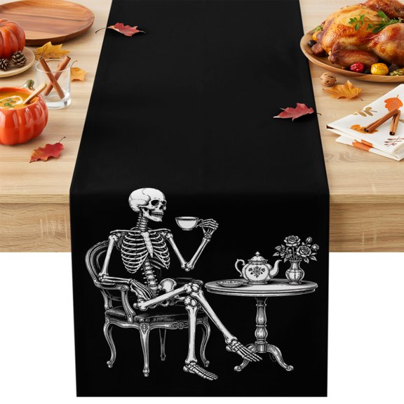 Halloween Skeleton Table Runner 13x36 Inch Victorian Elegant Skull Tea Time Black Cotton Linen Dining Table Runner Ideal for Dresser Kitchen Coffee Tables - Machine Washable