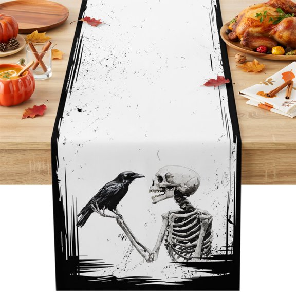 Halloween Skeleton Table Runner 13x90 Inch Horror Black Crow Bird Vintage Skull Cotton Linen Dining Table Runner Ideal for Dresser Kitchen Coffee Tables - Machine Washable