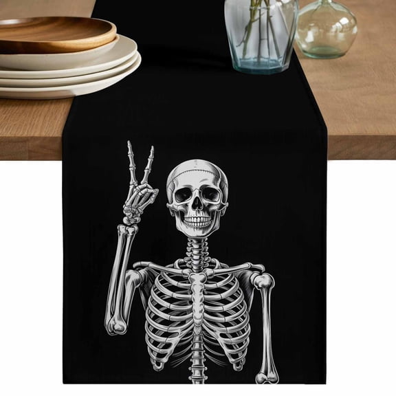 Halloween Skeleton Table Runner 36 Inches, Retro Funny Skull Abstract Black Bed Runner Dresser Scarves Tabletop for Indoor Outdoor Parties/Ceremony/Banquet, 13"x 36"
