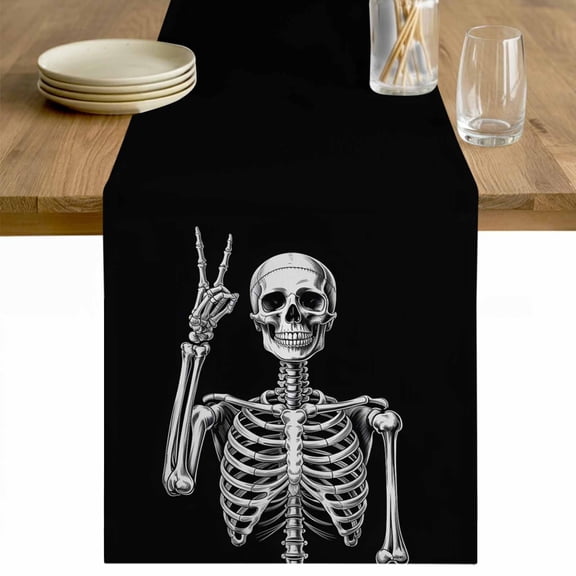 Halloween Skeleton Table Runner 72 Inches Long Farmhouse Dress Scarves, Retro Funny Skull Abstract Black Dining Tablerunner for Coffee Table/Kitchen Island/Party Décor, 13" x 72"