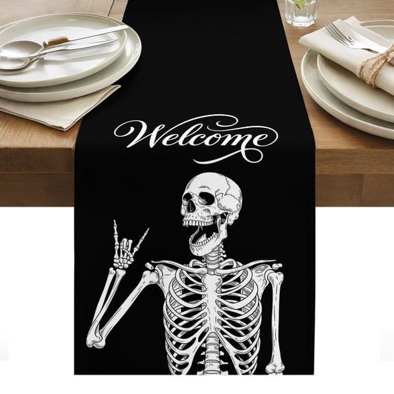 Halloween Skeleton Table Runner Fall Spooky Horror Skull Black Tablerunners 13 x 36 Inch, Table Decorations Tabletop Scarf for Summer Gathering Holiday Farmhouse Kitchen Dining Decor
