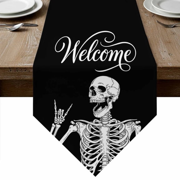 Halloween Skeleton Table Runner Linen Burlap Table Runner 36 Inches Small Fall Spooky Horror Skull Black Dresser Scarves for Kitchen Island Coffee Dining Room Party Wedding Holiday Decor 13"x36"