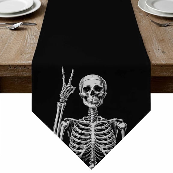 Halloween Skeleton Table Runner Linen Burlap Table Runner 36 Inches Small Retro Funny Skull Abstract Black Dresser Scarves for Kitchen Island Coffee Dining Party Wedding Banquet Holiday Decor 13"x36"