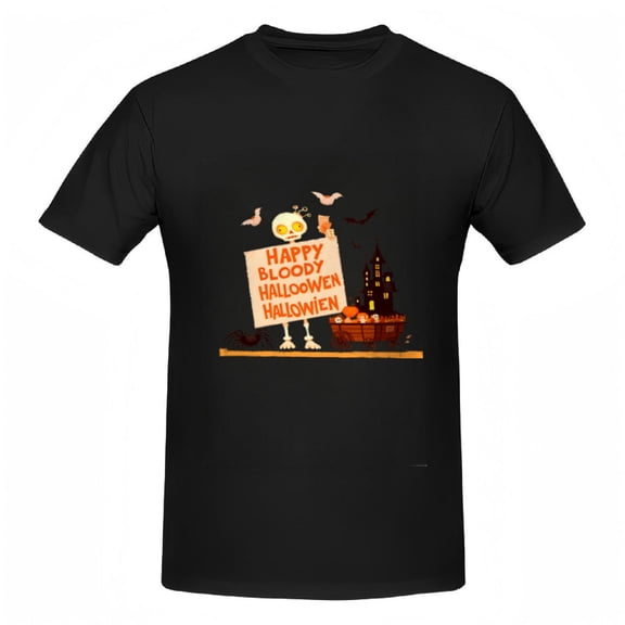 Halloween Skeleton Tee for Women - Short Sleeve Cotton T-Shirt with " HAPPY BLOODY HALLOWEEN " Design Bats