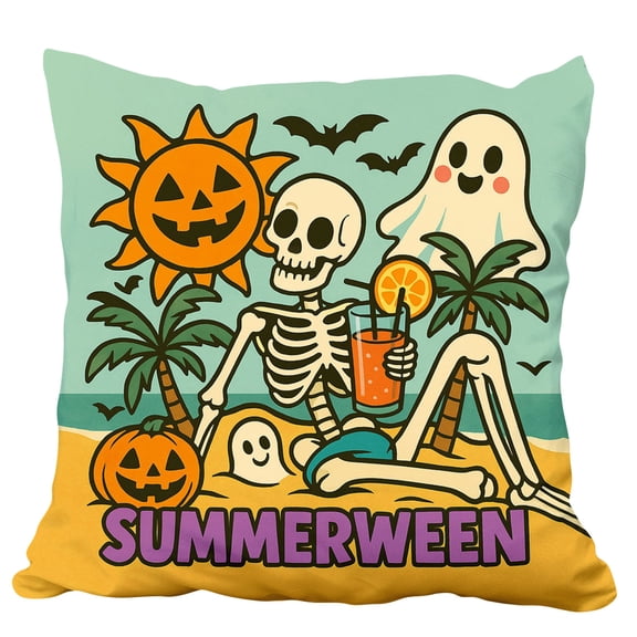 Halloween Skeleton Throw Pillow, Summer Beach Theme Print Flannel Cushion Decorative Bedding for Sofa Couch