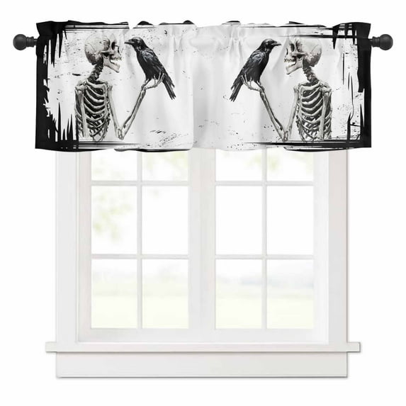 Halloween Skeleton Valances for Windows Horror Black Crow Bird Vintage Skull Rod Pocket Curtain Valance Window Treatment Short Curtains for Kitchen Living Room, 60"x18"
