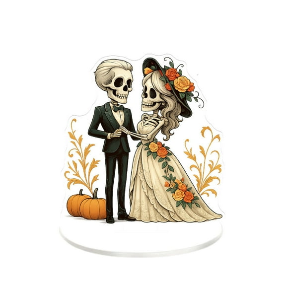 Halloween Skeleton Wedding Couple Cake Topper, Bride and Groom Figurine, Pumpkin Autumn Decor, Unique Party Decoration