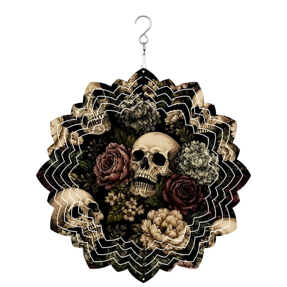 Halloween Skeleton Wind Spinner for Garden Yard 8In, Vintage Romantic Horror Floral Skull Moody 3D Stainless Steel Kinetic Hanging Wind Spinners Rustproof Outdoor Decor for Lawn Patio Home
