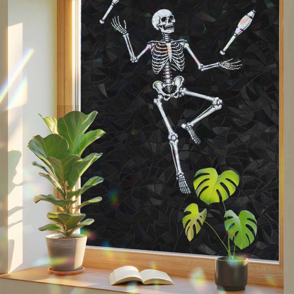Halloween Skeleton Window Privacy Film, Funny Juggling Skull Circus Theme Black Stained Glass Rainbow Film Decorative Window Clings, Static Cling Sun Blocking Stickers 17.7" x 39.3"