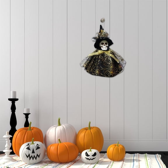 Halloween Skeleton Witch Hanging Ornament, Creepy Skull Witchcraft Pendant Charm, Spooky Hanging Decor for Tree Window Porch House Halloween Party Home Holiday Decoration, Gold