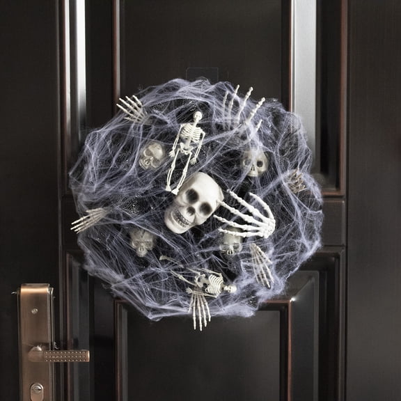 Halloween Skeleton Wreath for Front Door, 17.7 Inch Spooky Mesh Web Wreath with Skulls, Mini Skeletons & Bone Hands, Creepy Haunted House Decor, Indoor Outdoor Wall Window Halloween Party Ornament