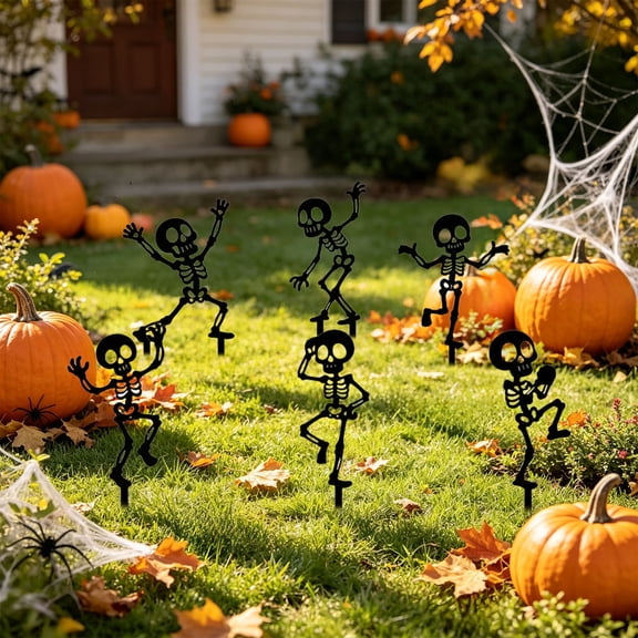 Halloween Skeleton Yard Stakes, 6pcs Black Metal Dancing Skeleton Garden Stakes With Different Poses And Pointed Ground Insert Design, Spooky Outdoor Halloween Lawn Decor