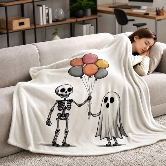 Halloween Skeleton and Ghost Flannel Throw Blanket, Balloon Print Decorative Cover for Couch, Sofa and Bedroom