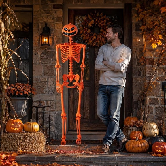 Halloween Skeleton, life-size with pumpkin head, movable joints, orange finish, suitable for indoor and outdoor Halloween decoration
