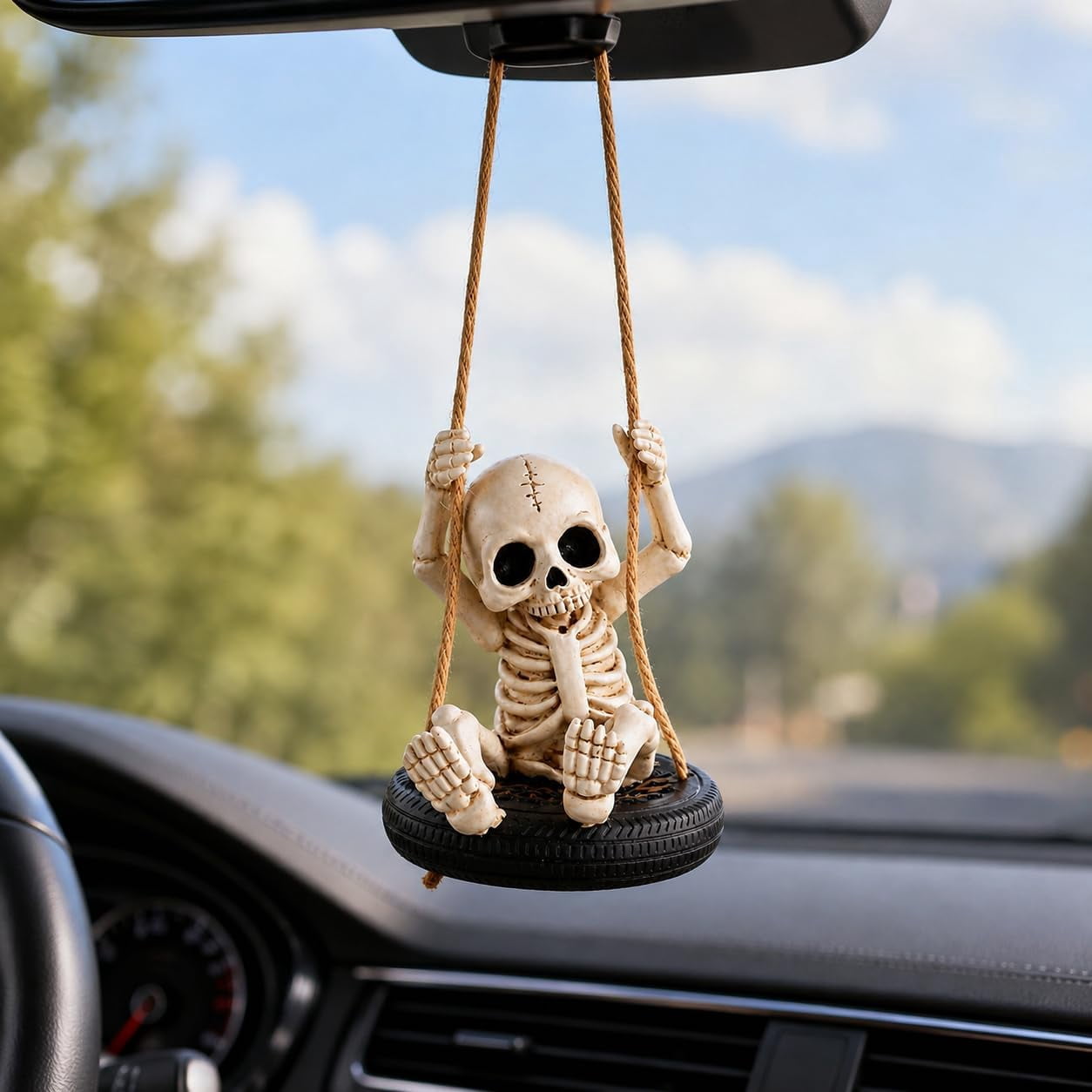 Halloween Skeleton on Tire Swing Hanging Ornament, Gothic Resin Skull Car Rearview Mirror Pendant, Spooky Swing Decor (White) (k)