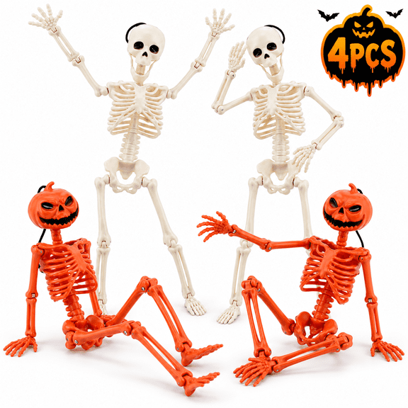 Halloween Skeletons 16" Posable Skeletons for Party Decoration Full Body Skeleton with Movable Joints Realistic Pumpkin Skeletons for Haunted House Graveyard Decor 4-Pack