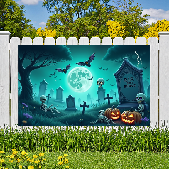 Halloween Skeletons Banner with Full Moon and Bat Decor for Spooky Party Indoor Decoration and Graveyard Scene