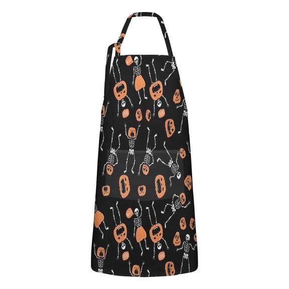 Halloween Skeletons and Pumpkins Apron-Garden Aprons for Women with Pockets-Cotton Linen Waterproof Kitchen Cooking Gardening Aprons Adjustable for Kitchen,Cooking,BBQ and Salon 32"x27"