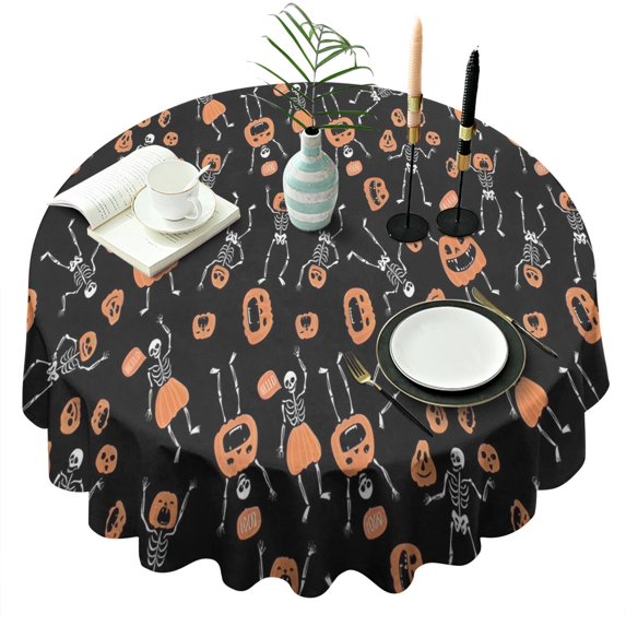 Halloween Skeletons and Pumpkins Round Tablecloth 60"x60",Wrinkle Wipeable Table Cloth for Kitchen Dining Room Picnic Patio Party