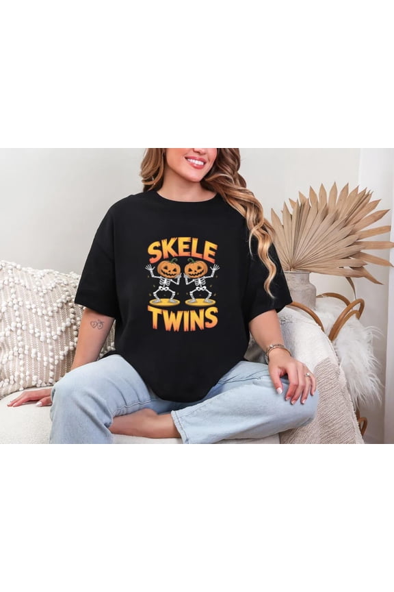 Halloween Skeletwins Funny Dabbing Dancing Skeletons Cartoon Unisex T-Shirt, for men & women, up to size 5XL.